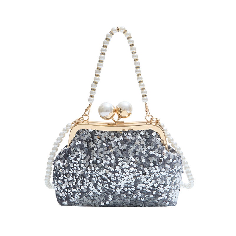 Clip-On Distinctive Fashionable Beaded Bag Women'S Shiny Pearl Chain Portable Crossbody Bag Western-Style Textured Evening Bag - Image 1
