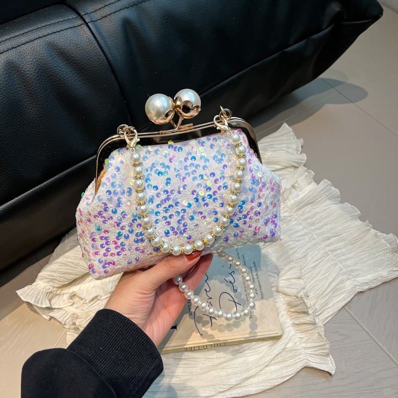 Clip-On Distinctive Fashionable Beaded Bag Women'S Shiny Pearl Chain Portable Crossbody Bag Western-Style Textured Evening Bag - Image 4