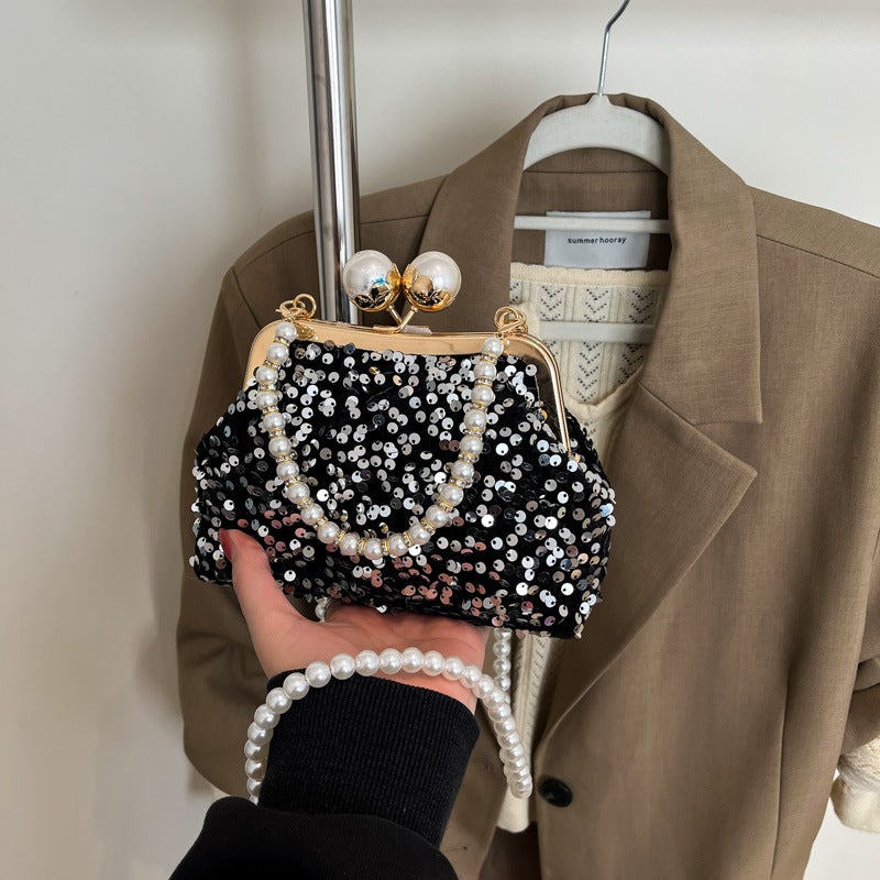 Clip-On Distinctive Fashionable Beaded Bag Women'S Shiny Pearl Chain Portable Crossbody Bag Western-Style Textured Evening Bag - Image 3