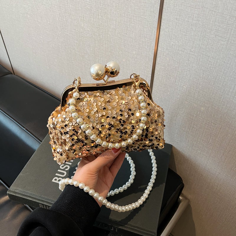 Clip-On Distinctive Fashionable Beaded Bag Women'S Shiny Pearl Chain Portable Crossbody Bag Western-Style Textured Evening Bag - Image 5