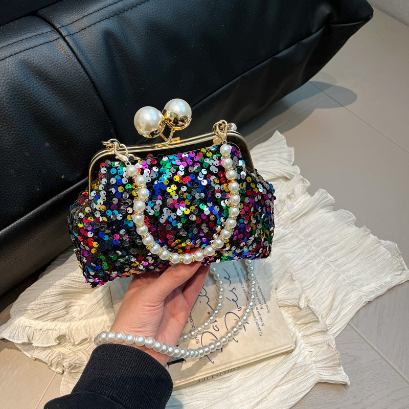 Clip-On Distinctive Fashionable Beaded Bag Women'S Shiny Pearl Chain Portable Crossbody Bag Western-Style Textured Evening Bag - Image 2