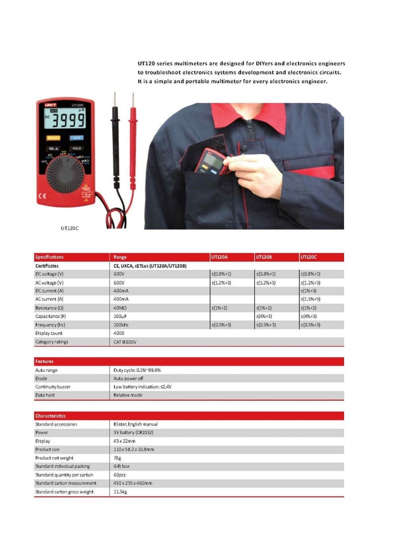 UNI-T UT120A Pocket Digital Multimeter – Auto Range 4000 Count, AC/DC Voltage Tester with Data Hold, Continuity, Diode & Relative Mode, Portable Handheld Device - Image 2