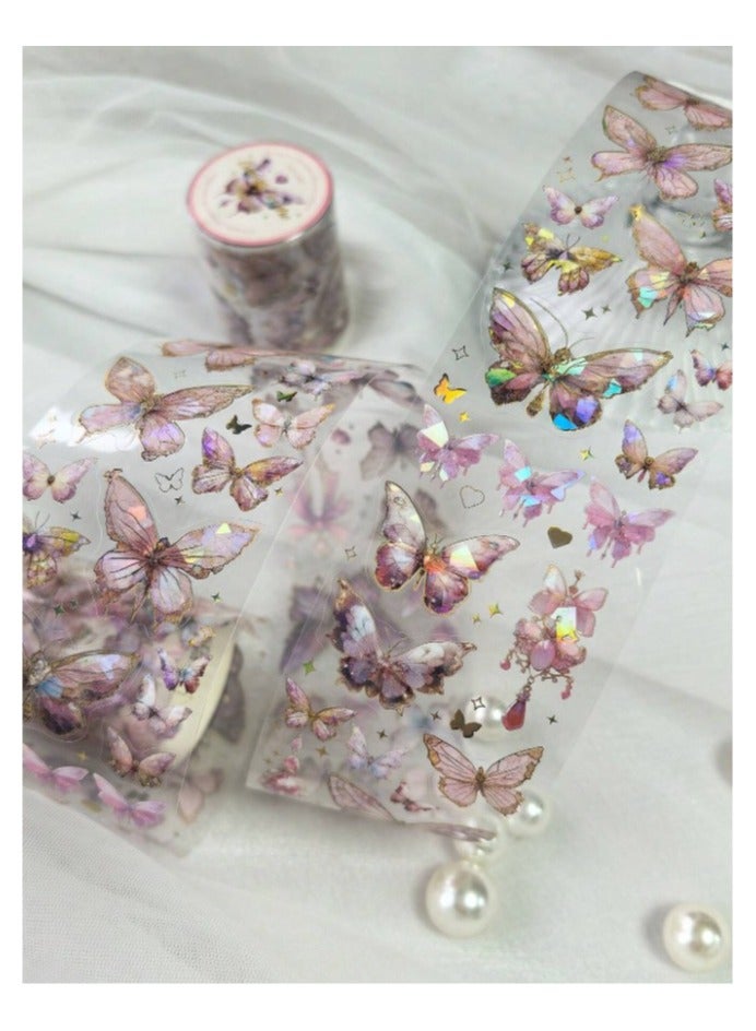 Generic Decorative Adhesive Tape, 1 meter long, with a stereotypical silver laser butterfly print, in various sizes and shapes, for handicrafts, paper crafts, decorating books, notebooks, and handicrafts.  - Image 2