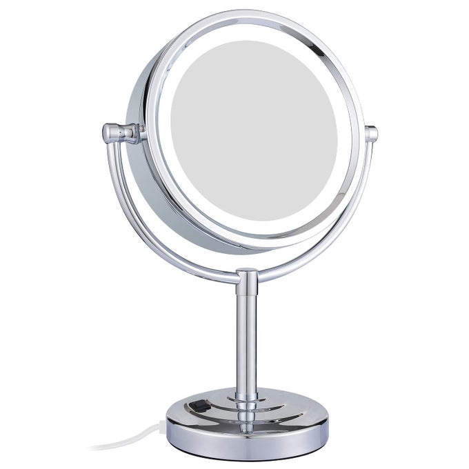 85 INCH TABLETOP LED LIGHTED MAKEUP MIRROR WITH 10X MAGNIFICATION DOUBLE SIDED VANITY MIRROR PLUG POWER CHROME FINISH M2208D85IN10X