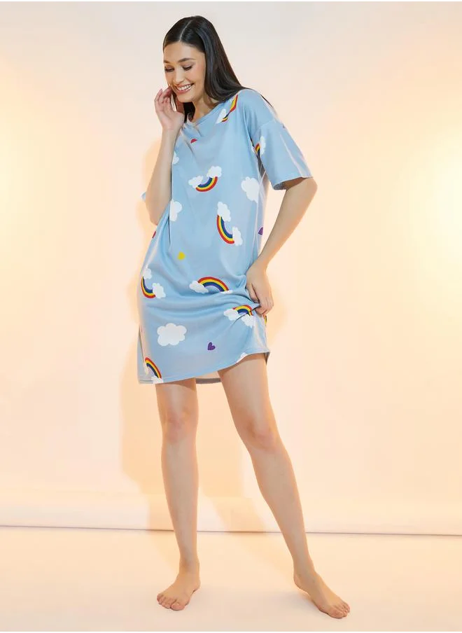 Styli Heart and Cloud Print Sleep T-Shirt Dress with Bag