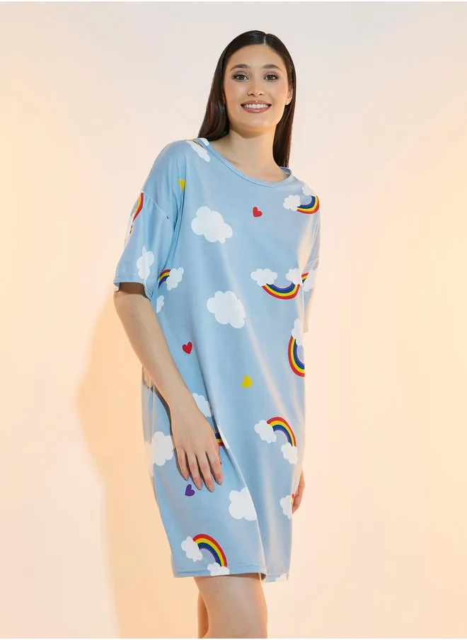 Styli Heart and Cloud Print Sleep T-Shirt Dress with Bag