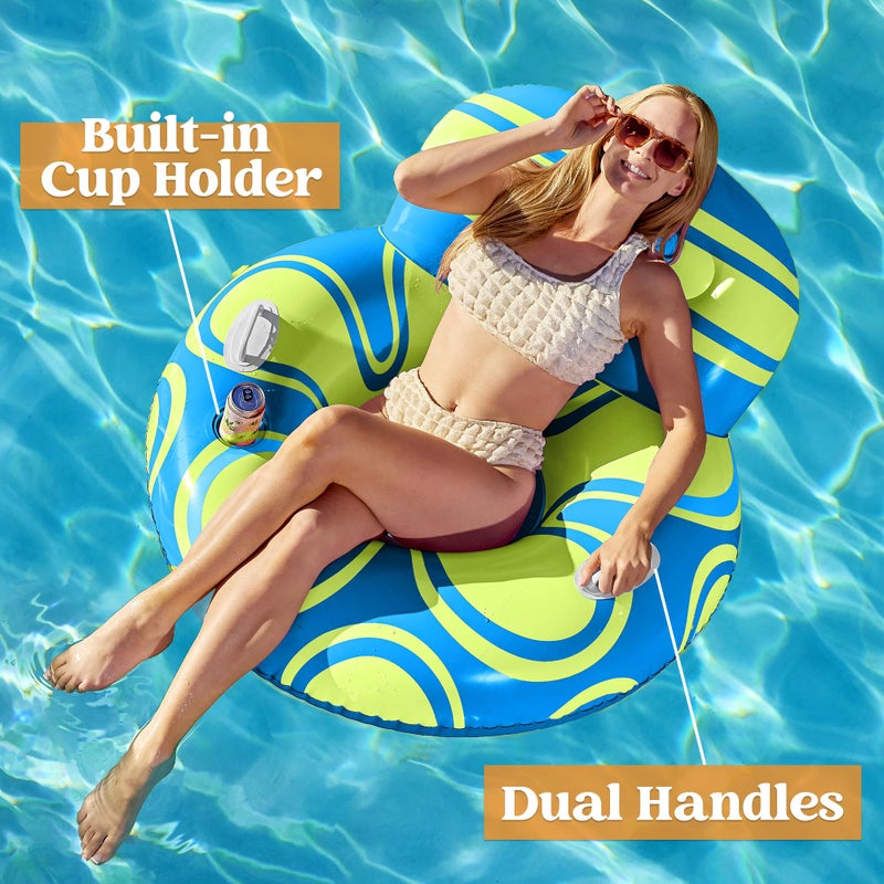 Sloosh Inflatable Pool Float Lounger - River Tube Floating Chair Sofa with Big Backrest  Blow Up Floaties Lake Raft Lounge with Mesh Bottom Handle Cup Holder Pool Party Toys for Adults (Blue Yellow) - Image 3