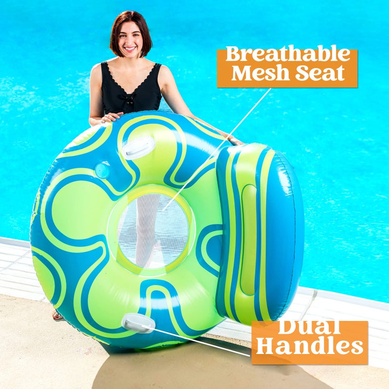 Sloosh Inflatable Pool Float Lounger - River Tube Floating Chair Sofa with Big Backrest  Blow Up Floaties Lake Raft Lounge with Mesh Bottom Handle Cup Holder Pool Party Toys for Adults (Blue Yellow) - Image 4