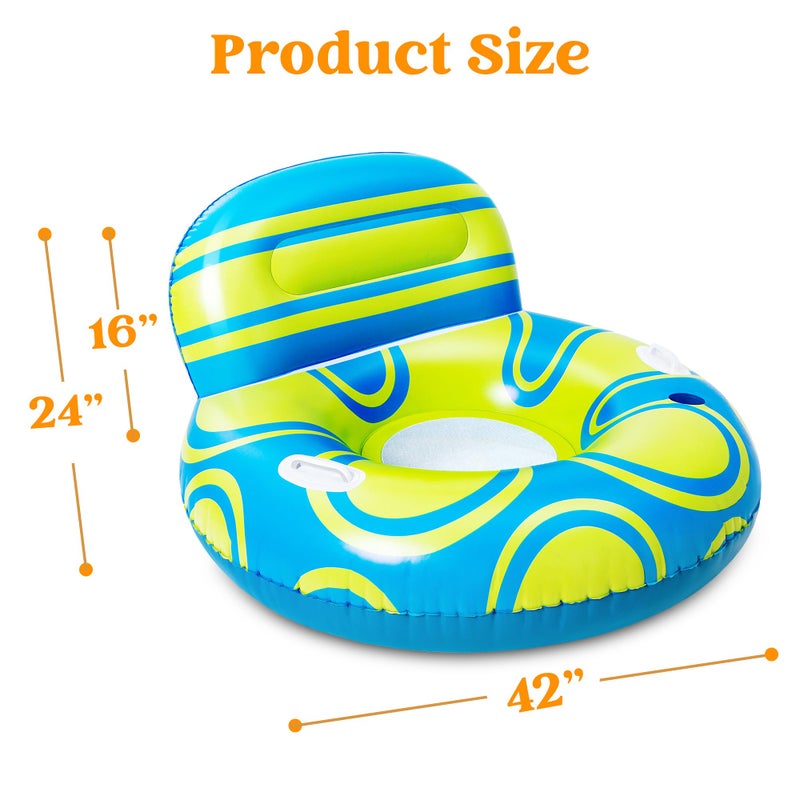 Sloosh Inflatable Pool Float Lounger - River Tube Floating Chair Sofa with Big Backrest  Blow Up Floaties Lake Raft Lounge with Mesh Bottom Handle Cup Holder Pool Party Toys for Adults (Blue Yellow) - Image 5