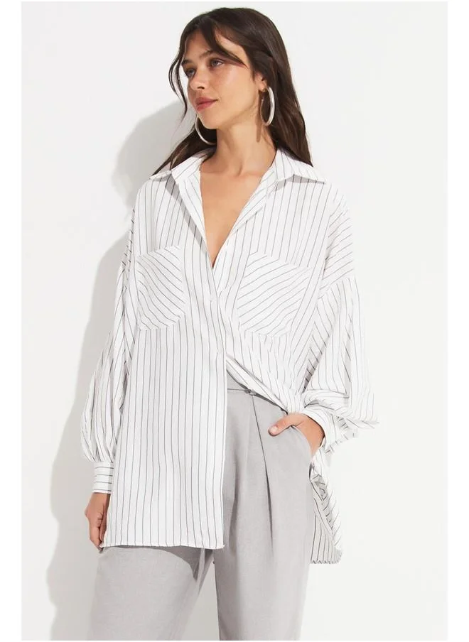 جون June Women Pocket Detailed Striped Loose Fit Shirt White