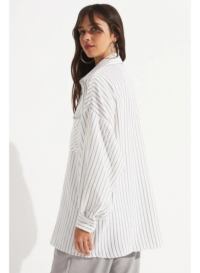 JUNE June Women Pocket Detailed Striped Loose Fit Shirt White