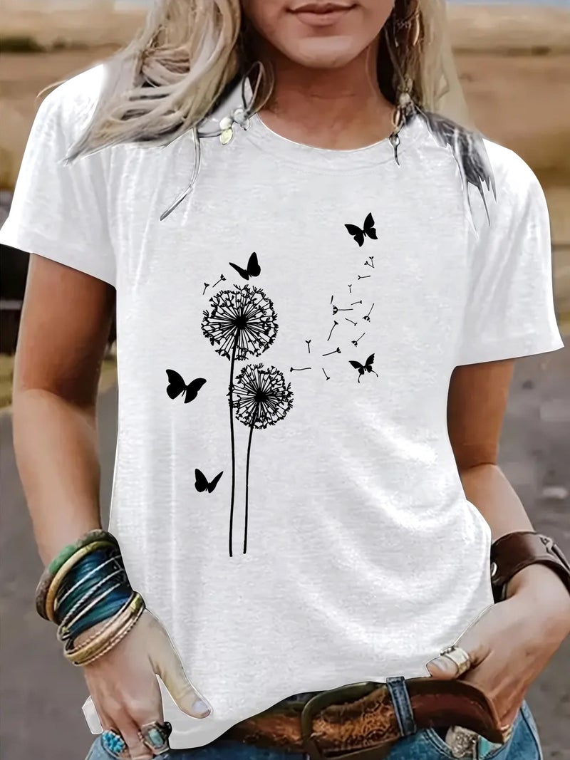 Summer Women'S Dandelion Pattern Round Neck Short Sleeve Casual Fashion Explosion T-Shirt - Image 3