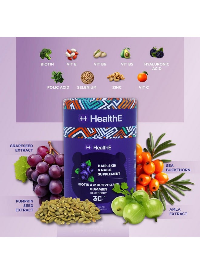 healthe Biotin Multivitamin Gummies: Biotin Hair Gummies For Stronger, Fuller Hair Growth, Glowing Skin, And Healthy Nails - Usfda Registered, Vegan, Sugar-Free With Natural Ingredients - Multivitamin Gummies For Hair Growth. Blueberry Flavour. Hair Growth And Control Hair Fall For Men & Women.  - Image 3