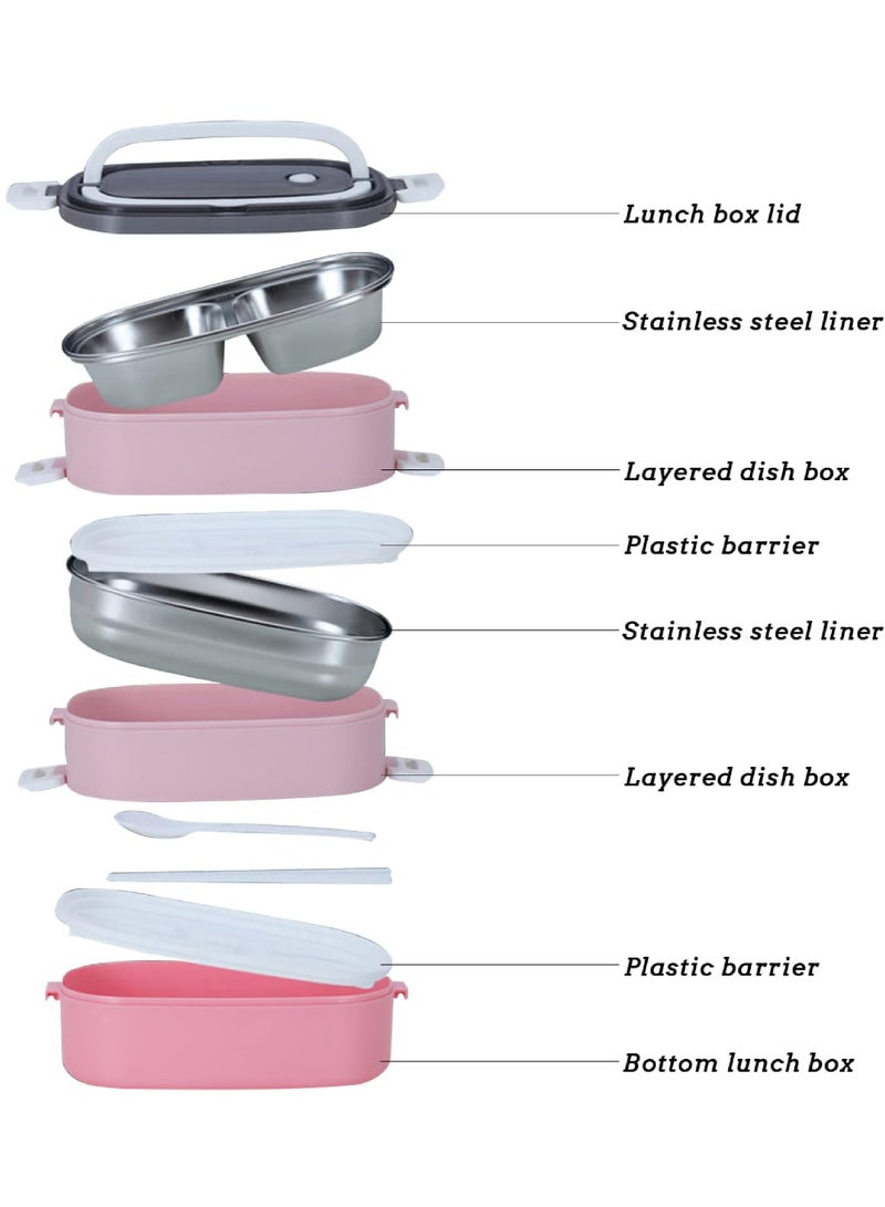روك بو صندوق غداء من الفولاذ المقاوم للصدأ - صندوق بينتو معزول متعدد الوظائف حاويات طعام بثلاث حجرات وأدوات مائدة وحقيبة عزل من النايلون (1.9 لتر وردي) - Image 3