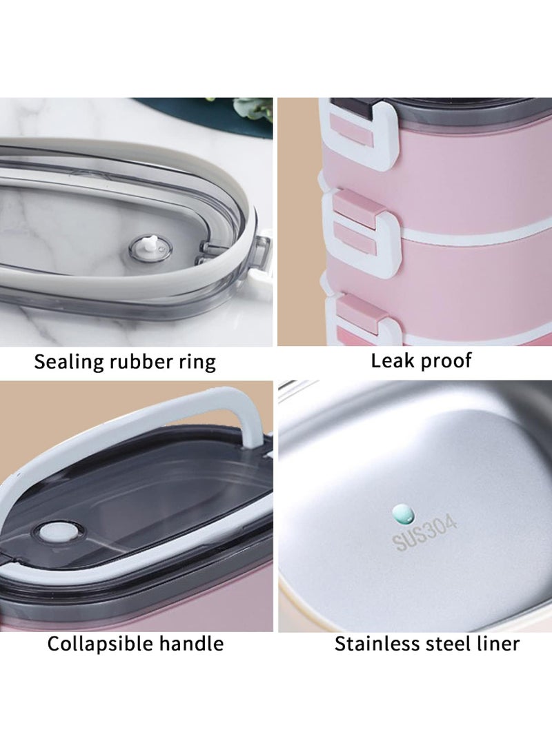 روك بو صندوق غداء من الفولاذ المقاوم للصدأ - صندوق بينتو معزول متعدد الوظائف حاويات طعام بثلاث حجرات وأدوات مائدة وحقيبة عزل من النايلون (1.9 لتر وردي) - Image 4