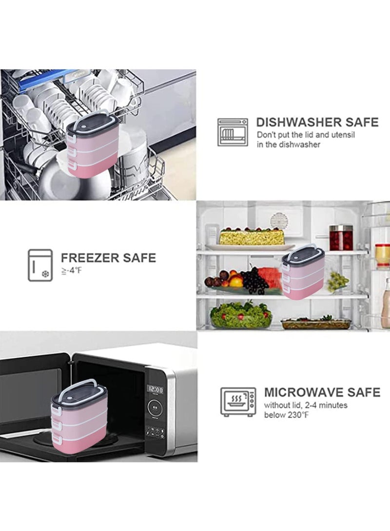 روك بو صندوق غداء من الفولاذ المقاوم للصدأ - صندوق بينتو معزول متعدد الوظائف حاويات طعام بثلاث حجرات وأدوات مائدة وحقيبة عزل من النايلون (1.9 لتر وردي) - Image 5