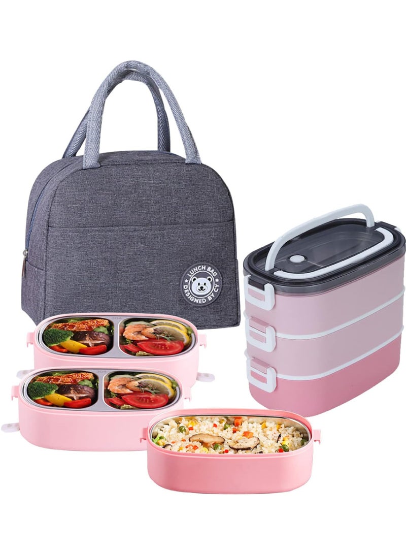 روك بو صندوق غداء من الفولاذ المقاوم للصدأ - صندوق بينتو معزول متعدد الوظائف حاويات طعام بثلاث حجرات وأدوات مائدة وحقيبة عزل من النايلون (1.9 لتر وردي) - Image 1
