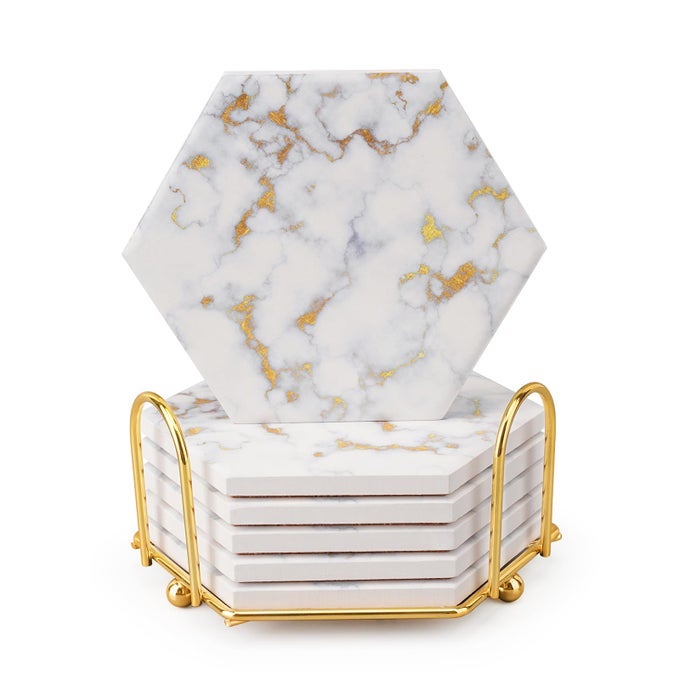 Marble Coasters for Drinks Absorbent with Cork Base 6pcs Drink Coasters for Wooden Table with Metal Holder Gold Ceramic Cup Coaster Set Home Decor for Housewarming Luxury White Gold Marble 06