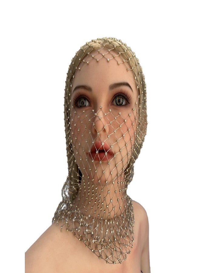 PURFUN Sparkly Rhinestones Fishnet Full Face Mask Women Crystal Mesh See-Through Headwear Headhood Halloween Costume Hairbands Turban Nightclub Rave Party Head Cover Wraps Headscarf Face Neck Cover - Image 3