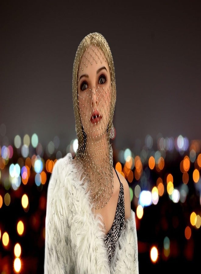 PURFUN Sparkly Rhinestones Fishnet Full Face Mask Women Crystal Mesh See-Through Headwear Headhood Halloween Costume Hairbands Turban Nightclub Rave Party Head Cover Wraps Headscarf Face Neck Cover - Image 5