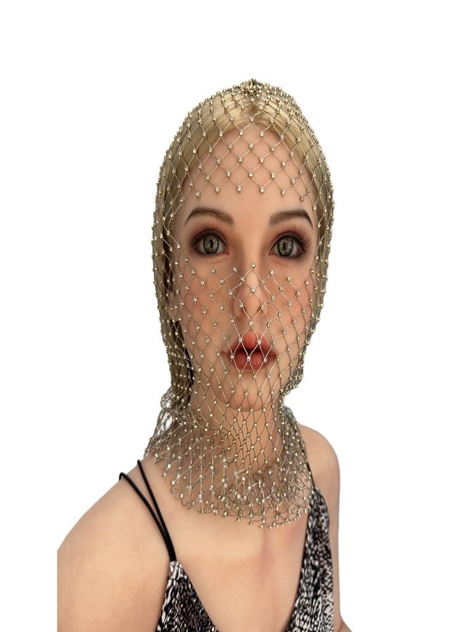 PURFUN Sparkly Rhinestones Fishnet Full Face Mask Women Crystal Mesh See-Through Headwear Headhood Halloween Costume Hairbands Turban Nightclub Rave Party Head Cover Wraps Headscarf Face Neck Cover - Image 1