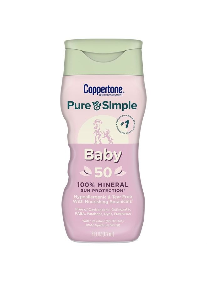 Coppertone Pure and Simple Baby Sunscreen SPF 50 Lotion, Zinc Oxide Mineral Sunscreen for Babies, Tear Free, Water Resistant, Broad Spectrum SPF 50 Sunscreen, 6 Fl Oz Bottle - Image 1