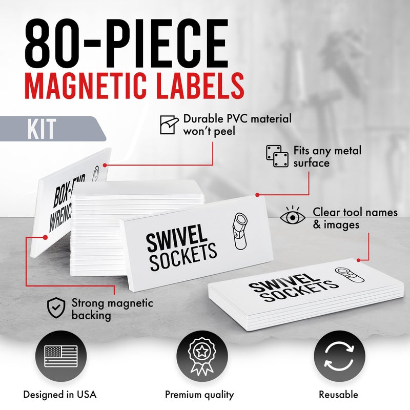 Itera Magnetic Tool Labels for Toolbox â€“ 80 Piece Heavy Duty Drawer & Tool Chest Labels (White), Large Magnetic Toolbox Labels for Steel Drawers, Toolbox Organization Magnets for Garage Storage - Image 3