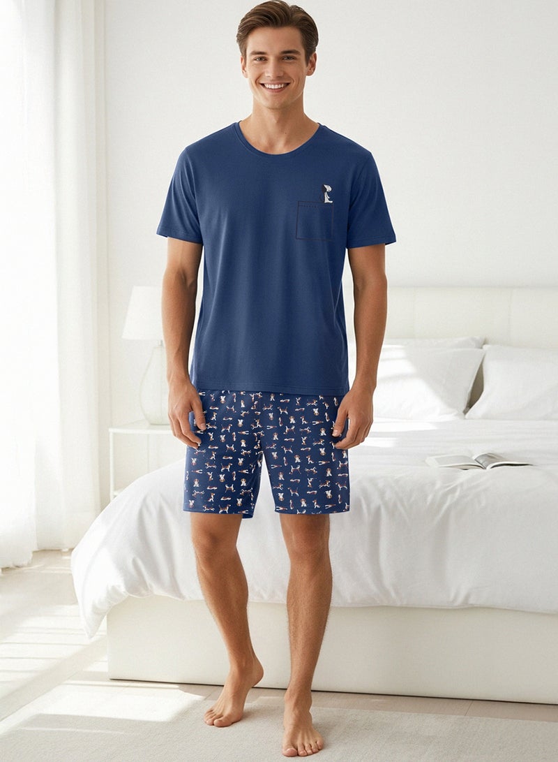 trendyol Indigo Regular Fit - Dog Pattern Knitted Pajamas Set Thmss21Pt0324 - Image 1