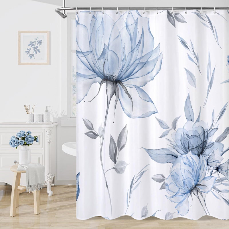 Litabel Blue and Grey Boho Watercolor Floral Shower Curtain, Ink Painting Style Blossom & Leaf Shower Curtains for Chic Elegant Bathroom, Artistic Fabric Cloth Flower Shower Curtain, 72x72 - Image 1