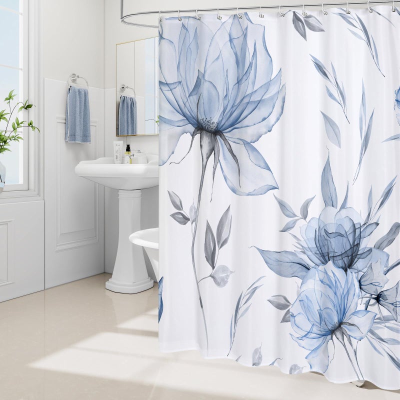 Litabel Blue and Grey Boho Watercolor Floral Shower Curtain, Ink Painting Style Blossom & Leaf Shower Curtains for Chic Elegant Bathroom, Artistic Fabric Cloth Flower Shower Curtain, 72x72 - Image 2