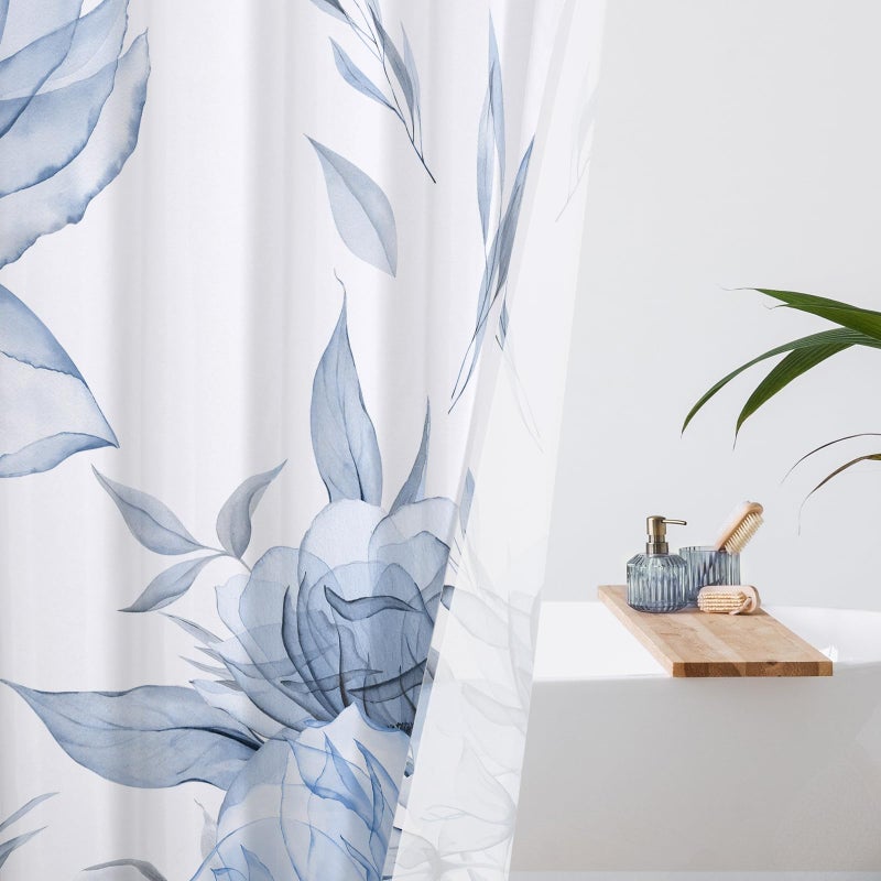 Litabel Blue and Grey Boho Watercolor Floral Shower Curtain, Ink Painting Style Blossom & Leaf Shower Curtains for Chic Elegant Bathroom, Artistic Fabric Cloth Flower Shower Curtain, 72x72 - Image 3