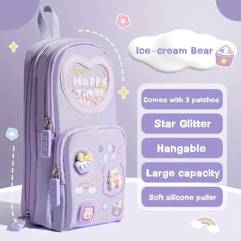SAJANI Three Layer School Bag-Shaped Pencil Pouch, Large-Capacity Pencil Case with Zipper, Multipurpose Pen & Pencil Pouch for School Supplies for Boys & Girls (Pack of 1) (Purple) - Image 2