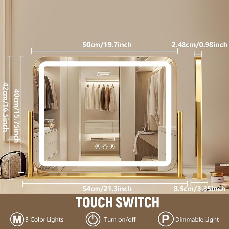 مرآة زينة Ratsamee ذهبية 20×16 بوصة مع أضواء، مرآة مكياج LED، مرآة مكياج مضيئة مع 3 ألوان قابلة للتعتيم، تحكم ذكي باللمس، إطار معدني من الألومنيوم، منفذ شحن USB - Image 2