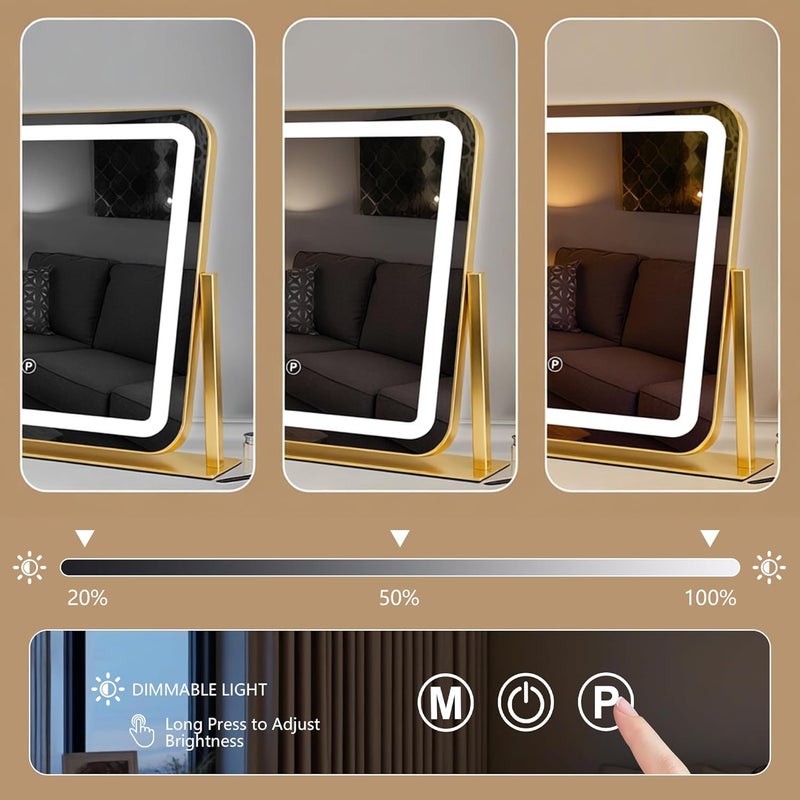 مرآة زينة Ratsamee ذهبية 20×16 بوصة مع أضواء، مرآة مكياج LED، مرآة مكياج مضيئة مع 3 ألوان قابلة للتعتيم، تحكم ذكي باللمس، إطار معدني من الألومنيوم، منفذ شحن USB - Image 5
