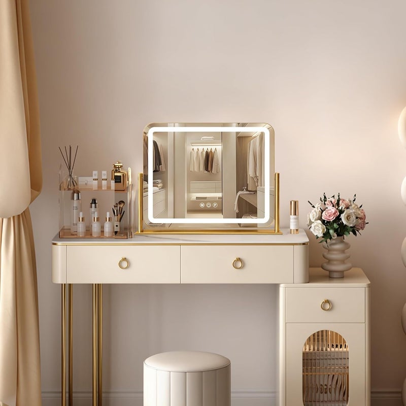 مرآة زينة Ratsamee ذهبية 20×16 بوصة مع أضواء، مرآة مكياج LED، مرآة مكياج مضيئة مع 3 ألوان قابلة للتعتيم، تحكم ذكي باللمس، إطار معدني من الألومنيوم، منفذ شحن USB - Image 3