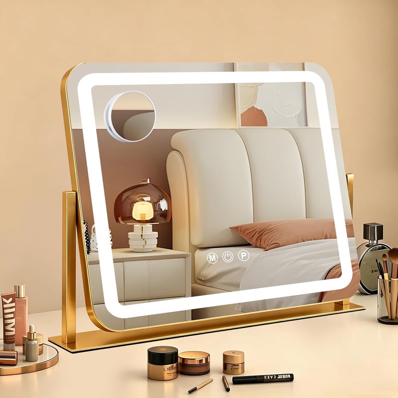 مرآة زينة Ratsamee ذهبية 20×16 بوصة مع أضواء، مرآة مكياج LED، مرآة مكياج مضيئة مع 3 ألوان قابلة للتعتيم، تحكم ذكي باللمس، إطار معدني من الألومنيوم، منفذ شحن USB - Image 1