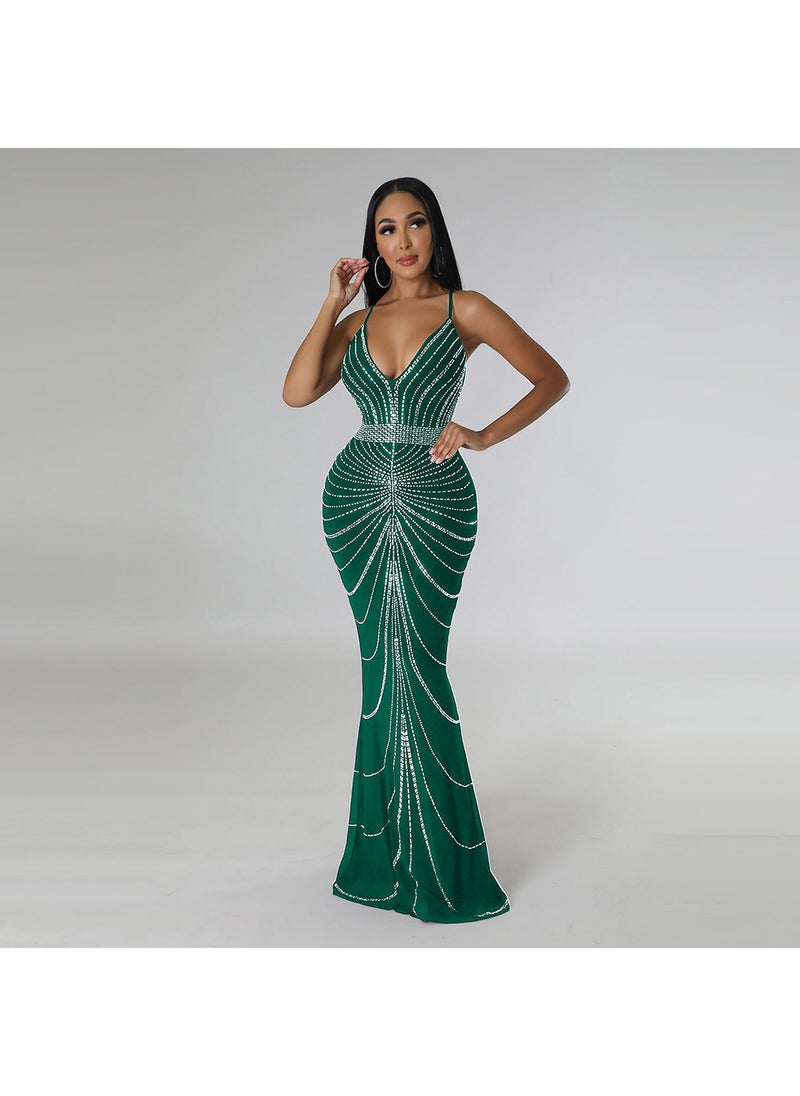 Generic Elegant Midi Bodycon Sundress Solid Party Evening Dress Green 