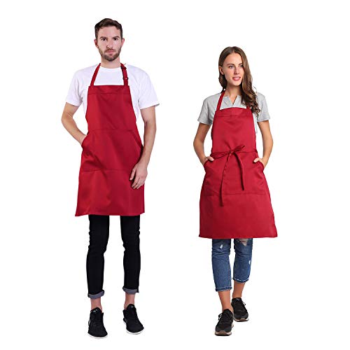BIGHAS Adjustable Bib Apron with Pocket Extra Long Ties for Women Men, 18 Colors, Chef, Kitchen, Home, Restaurant, Cafe, Cooking, Baking (Wine Red) - Image 2