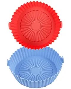 LIJIE Silicone Air Fryer Basket Liners Round Silicone Basket Baking Tray Red and Blue Pack of 2  - Image 1