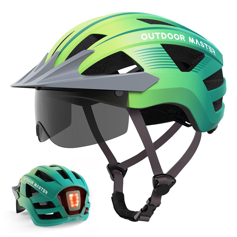 OutdoorMaster Helmets for Adults - Mountain & Road Bike Helmet with Rechargeable LED Light, Detachable Goggles and Sun Visor - Easy to Adjust, Breathable, Lightweight - Gradient Yellow Green, Medium - Image 1