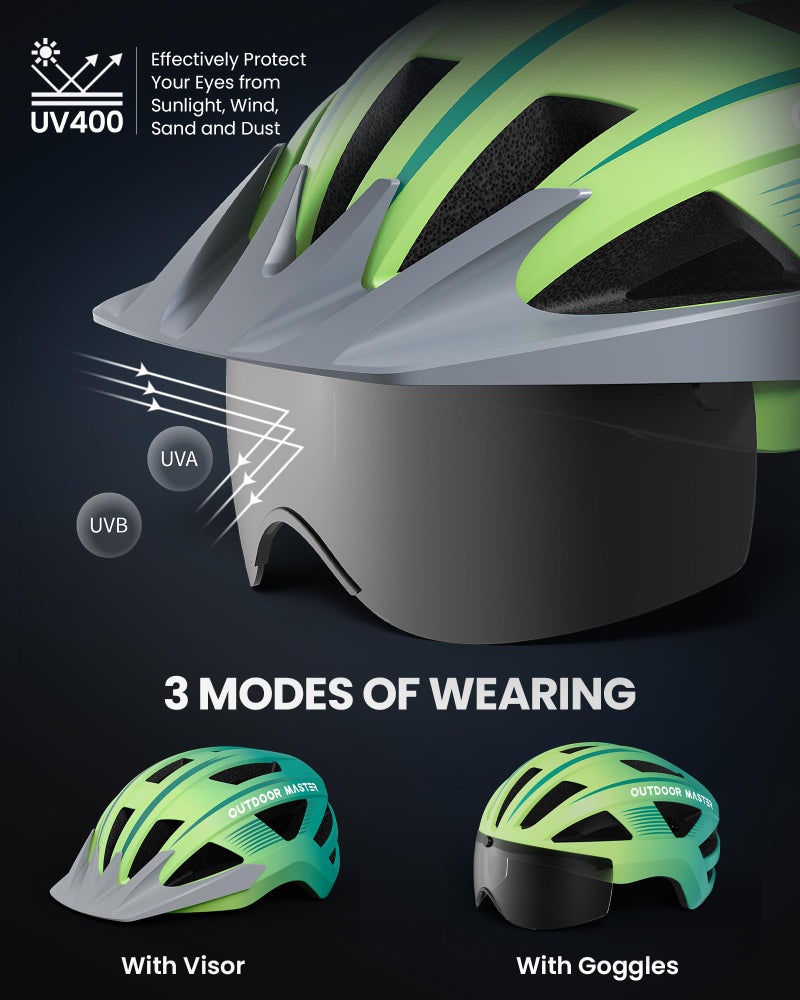 OutdoorMaster Helmets for Adults - Mountain & Road Bike Helmet with Rechargeable LED Light, Detachable Goggles and Sun Visor - Easy to Adjust, Breathable, Lightweight - Gradient Yellow Green, Medium - Image 3