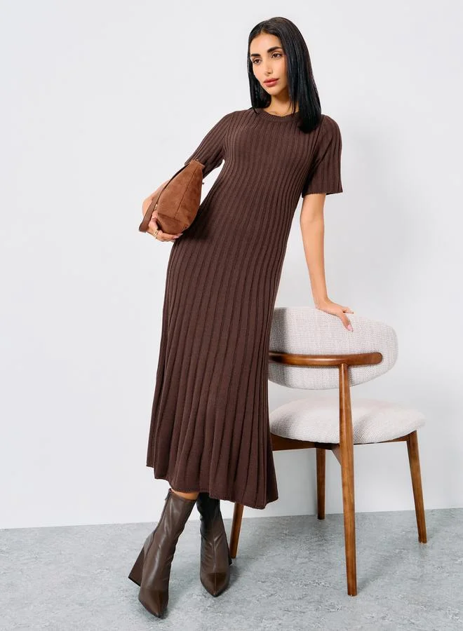Brown Pleated Sweater Midi Dress