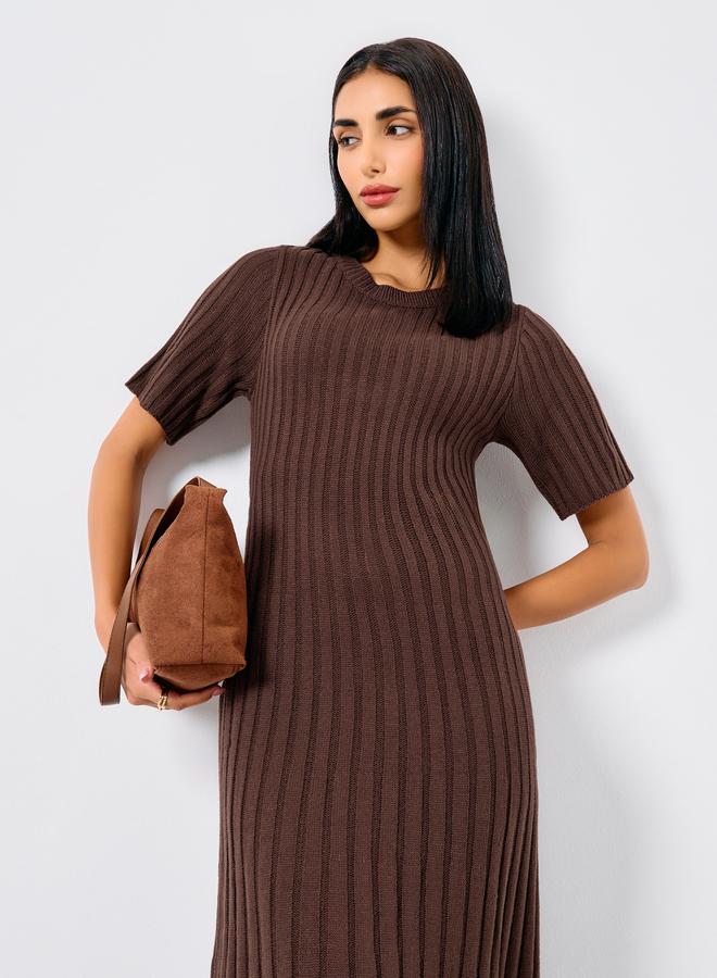 Styli Brown Pleated Sweater Midi Dress - Image 2