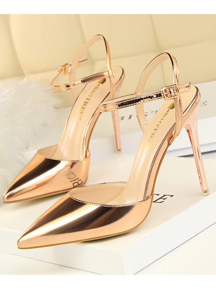 BIGTREE Women's Closed Pointed Toe 10.5 CM High Heels With Adjustable Ankle Strap Sandals Shoes Stiletto Pumps Champagne - Image 1