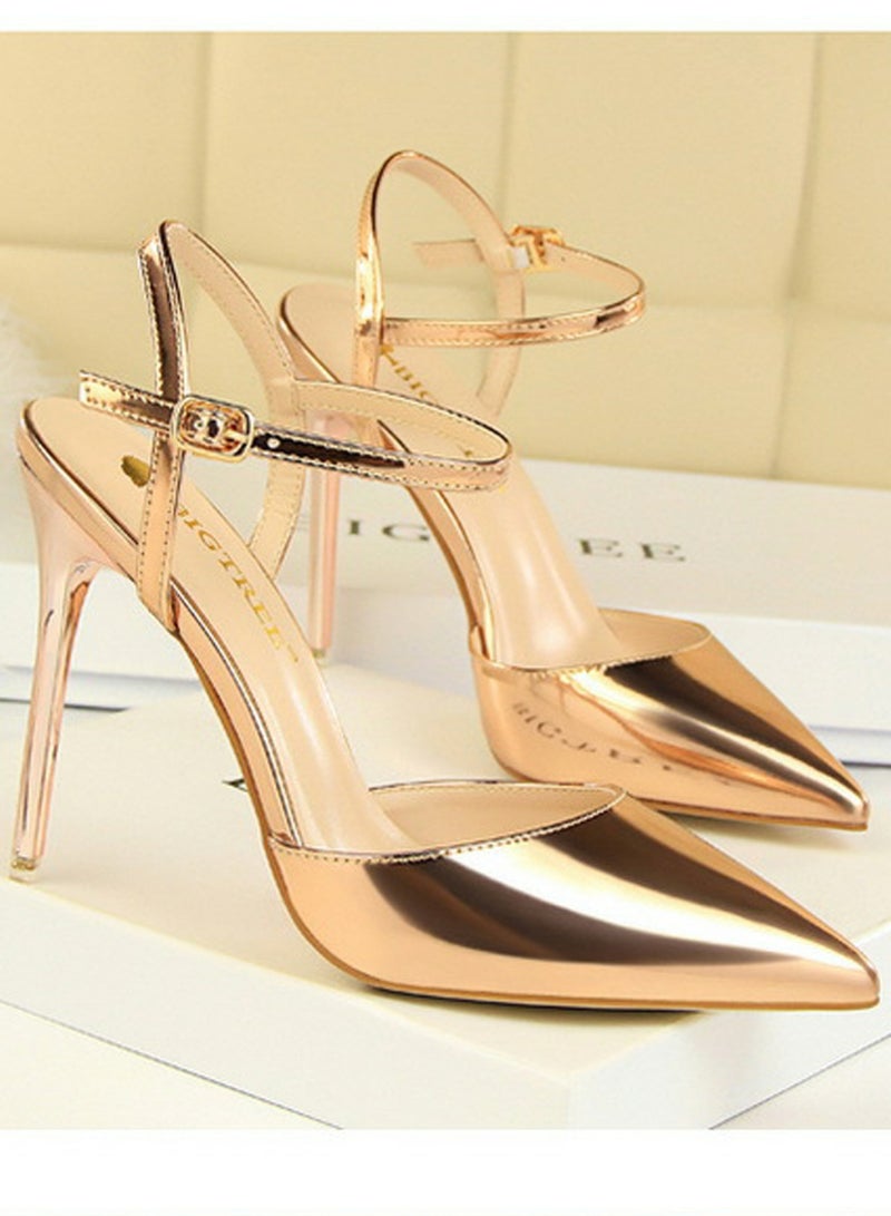 BIGTREE Women's Closed Pointed Toe 10.5 CM High Heels With Adjustable Ankle Strap Sandals Shoes Stiletto Pumps Champagne - Image 2