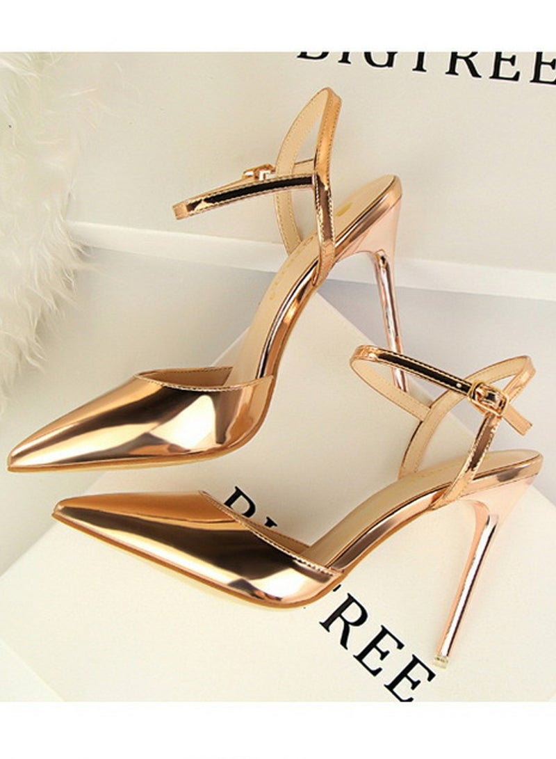 BIGTREE Women's Closed Pointed Toe 10.5 CM High Heels With Adjustable Ankle Strap Sandals Shoes Stiletto Pumps Champagne - Image 3