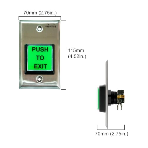 Visionis Push to Exit Button VIS-7000 Indoor Green Square Request to Exit Stainless Steel for Door Access Control with LED Light, NC, C and NO Outputs - Image 2