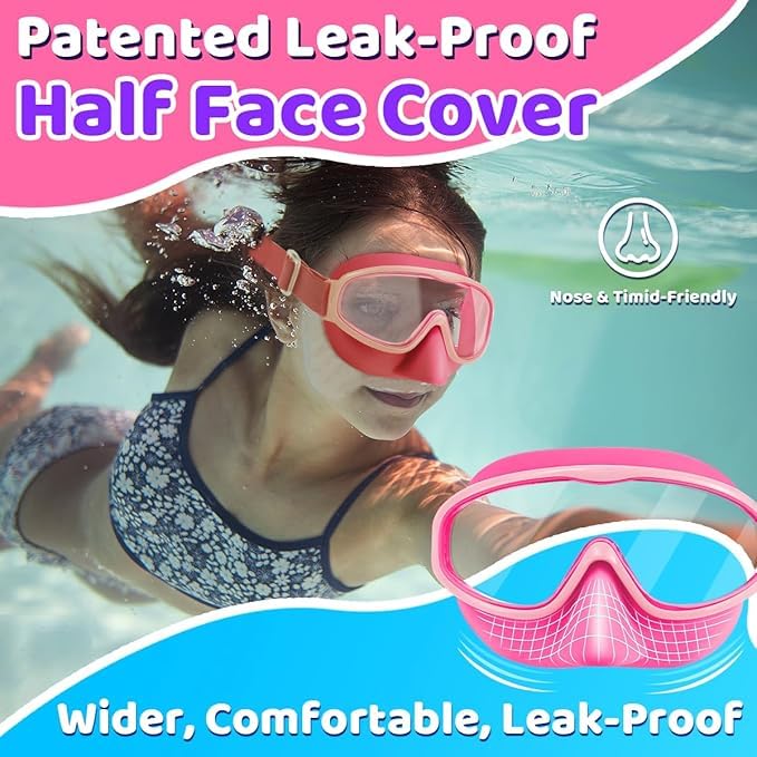 Vvinca Kids Goggles with Nose Cover Comfort Fabric Strap, Kids Swim Goggles Wide View Diving Mask Anti-Fog/UV No Leaking Swimming Goggles for 3-14 - Image 4