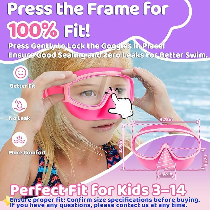 Vvinca Kids Goggles with Nose Cover Comfort Fabric Strap, Kids Swim Goggles Wide View Diving Mask Anti-Fog/UV No Leaking Swimming Goggles for 3-14 - Image 3