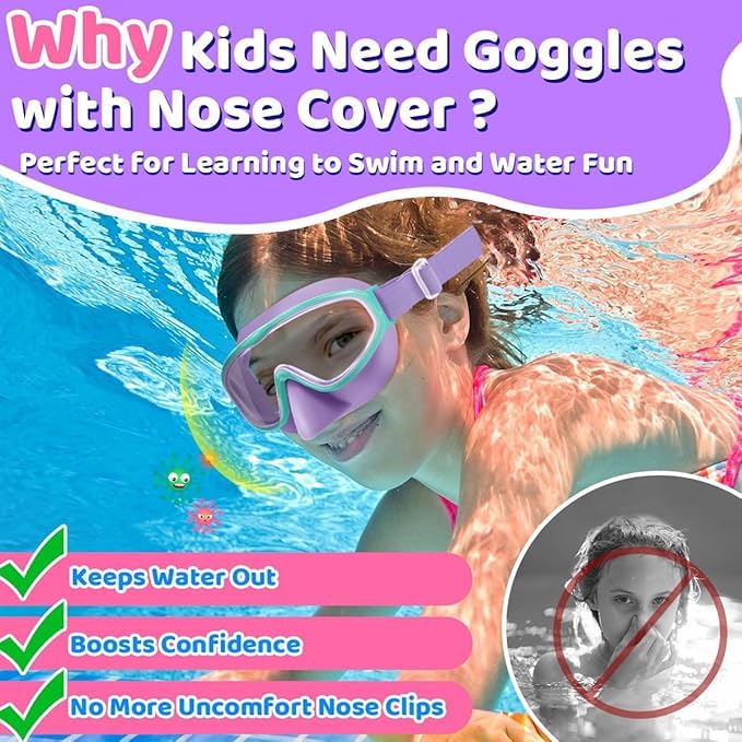 Vvinca Kids Goggles with Nose Cover Comfort Fabric Strap, Kids Swim Goggles Wide View Diving Mask Anti-Fog/UV No Leaking Swimming Goggles for 3-14 - Image 2